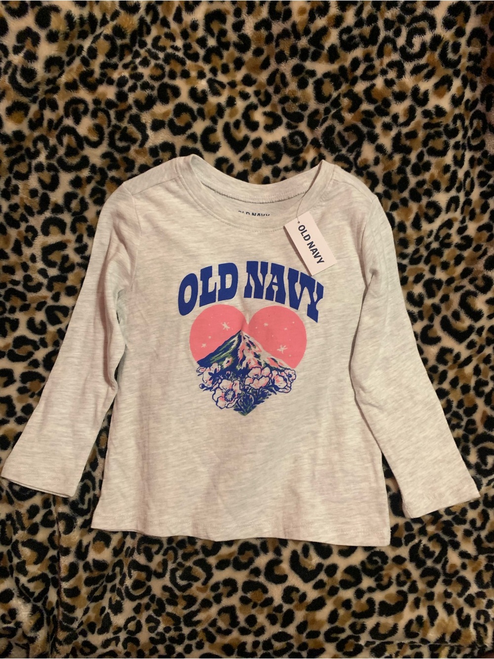 Old Navy Gray Long-Sleeve Tee with Pink Heart and Blue Logo